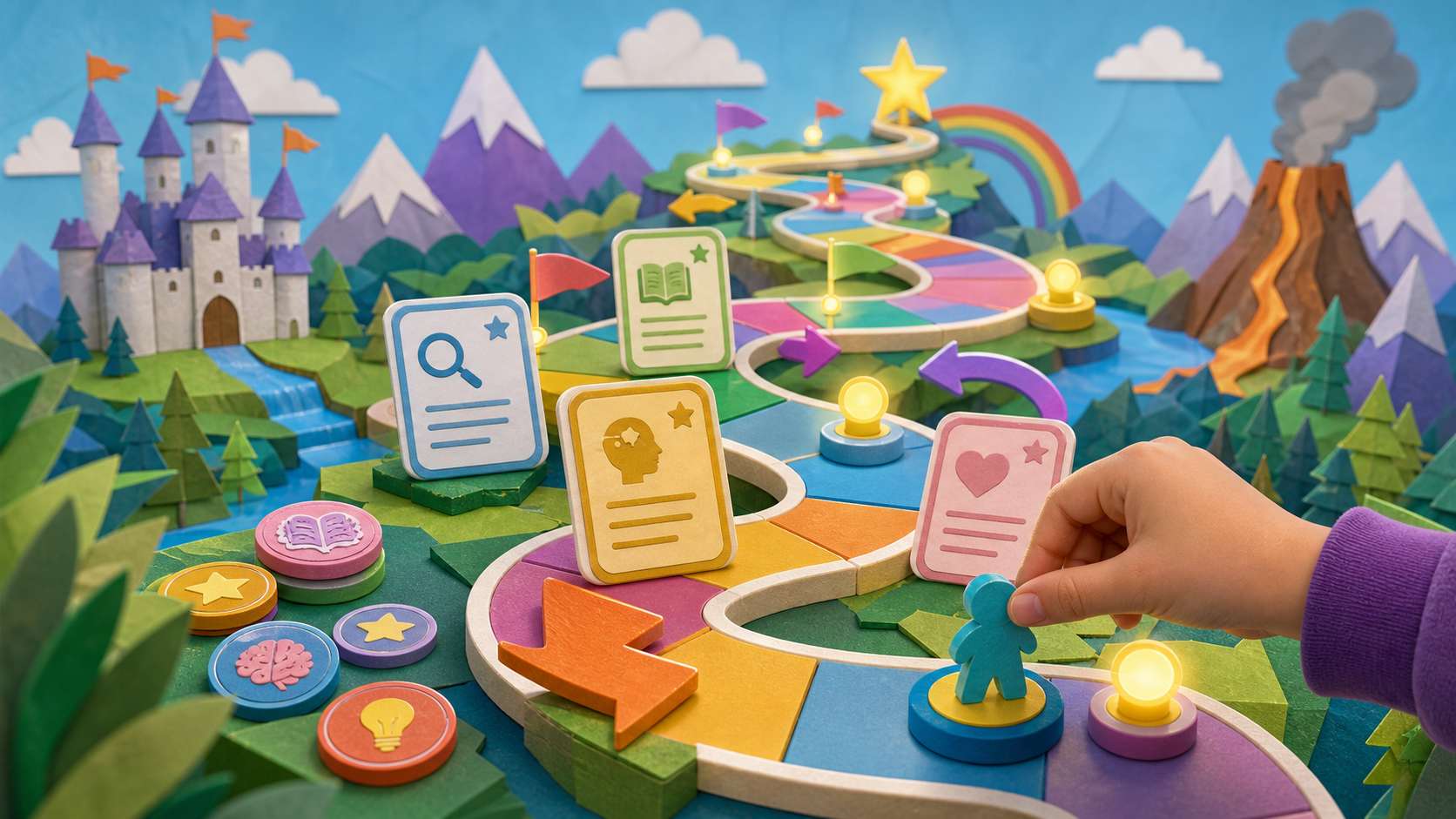 Story-world quiz game path with cards and memory tokens