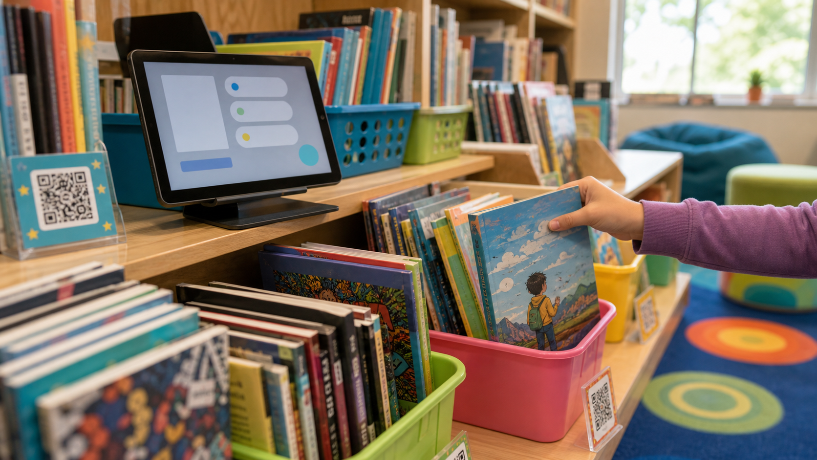 Student choosing a book from a school library shelf