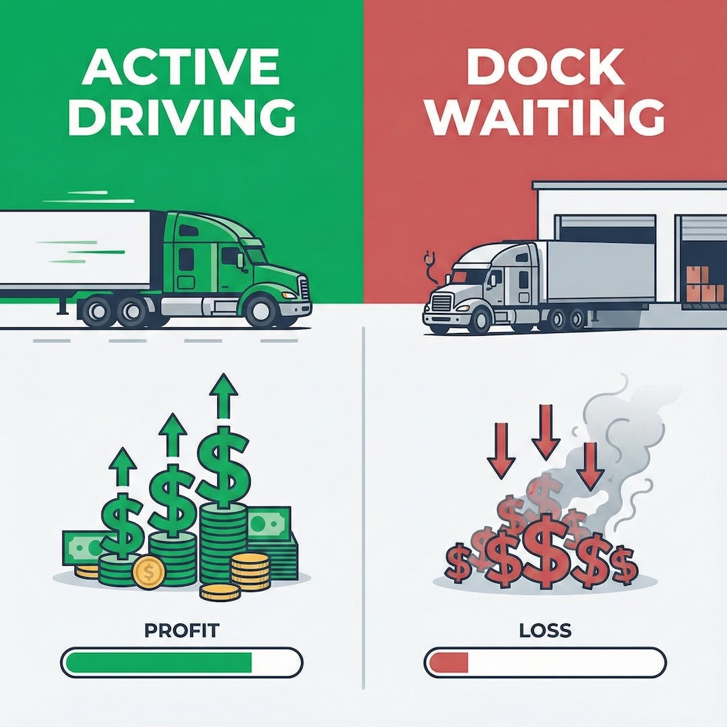 A split-screen infographic. Left side: 'Active Driving' showing green dollar signs stacking up. Right side: 'Dock Waiting' showing red dollar signs dissolving into smoke. Clean, modern vector style.