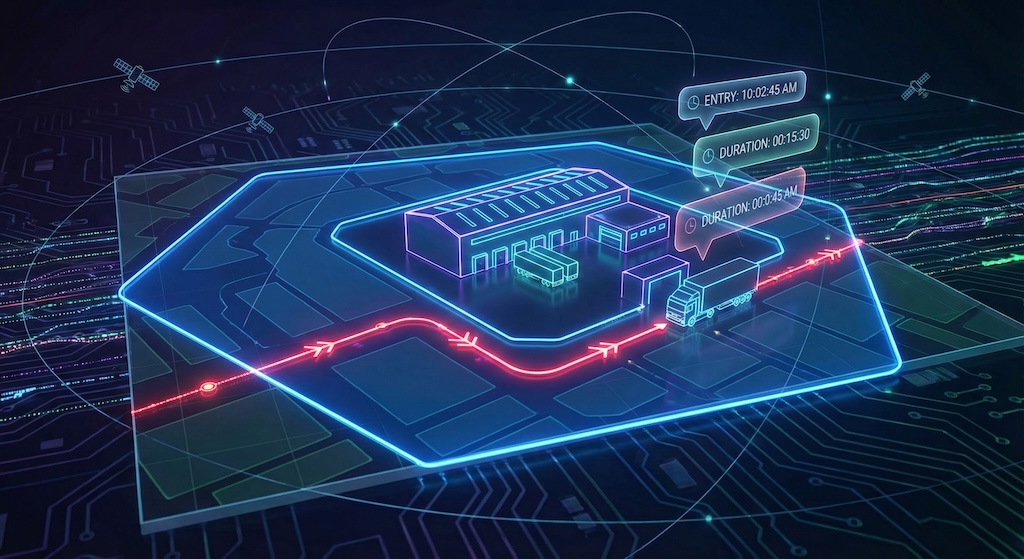 A futuristic digital map visualization. A bright red line traces a truck's path entering a geofenced zone around a warehouse. Timestamps are floating in AR-style bubbles above the truck. High-tech, data-driven aesthetic.