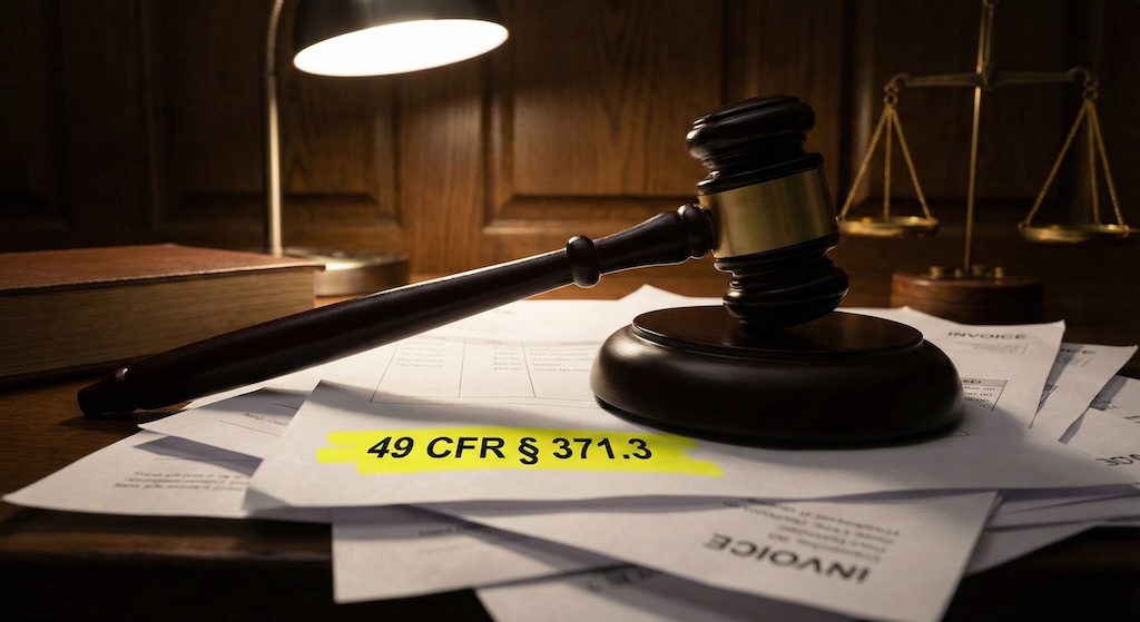A dramatic shot of a heavy legal gavel resting on a stack of invoices. The paper is highlighted with yellow highlighter ink on the text '49 CFR § 371.3'. Dark, moody lighting, emphasizing authority.
