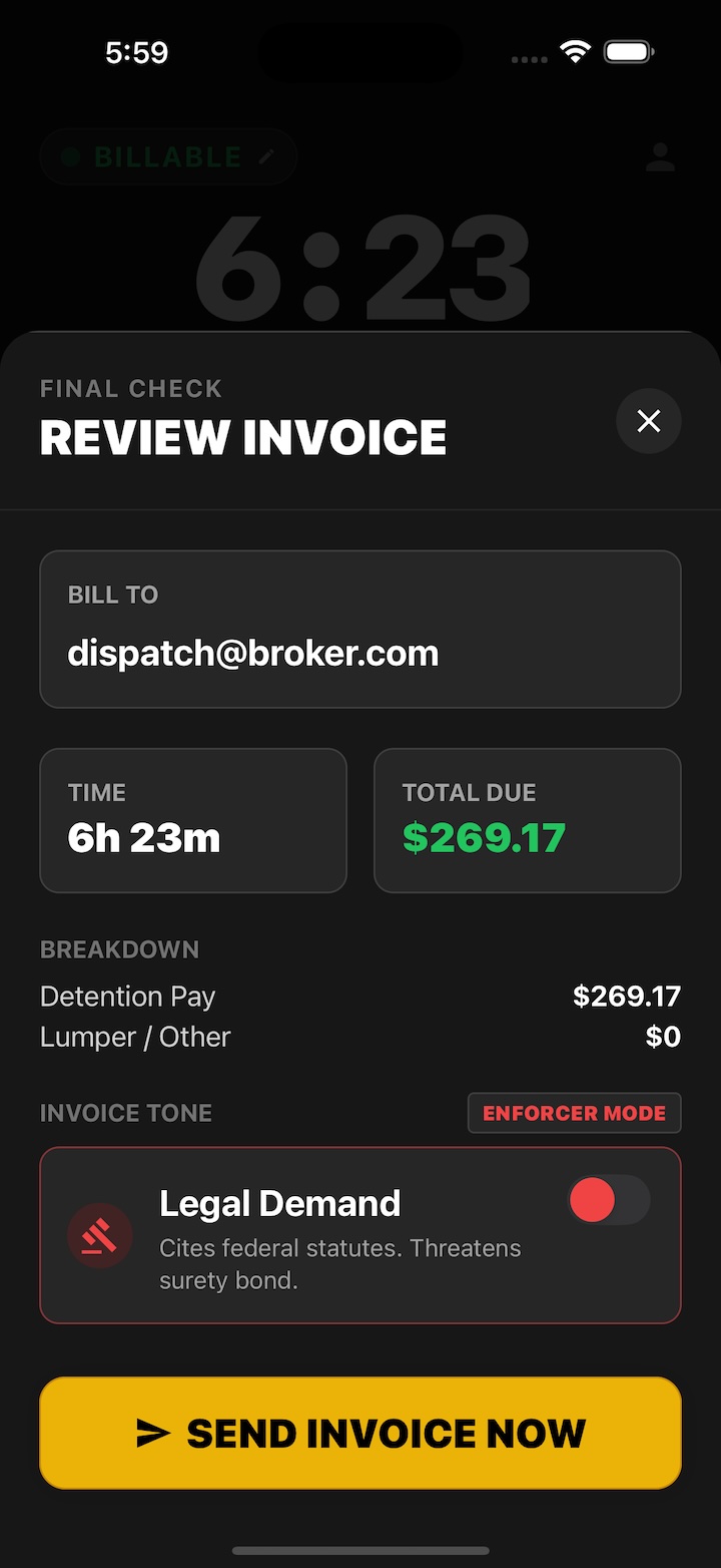 A sleek smartphone screen showing the DetentionGun app. A bright green timer counts up, and a 'Invoice Ready' button glows.