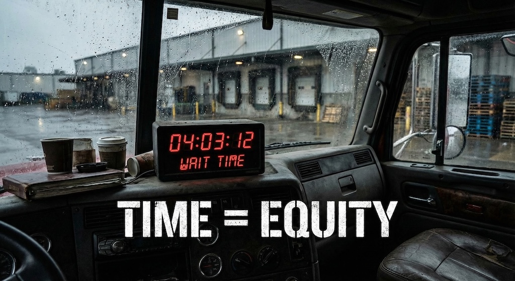 A gritty, high-contrast close-up of a truck dashboard clock ticking past 4 hours. Through the windshield, a blurry warehouse dock is visible in the rain. Overlay text: 'TIME = EQUITY'. Mood: Frustrating, industrial, time-sensitive.