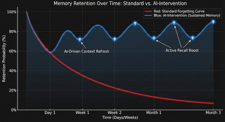 A comparative line graph. The 'X' axis represents 'Time' and 'Y' axis 'Retention Probability'. Two lines: A standard steep 'Forgetting Curve' (Red) vs. a 'Smoothed Curve' (Blue) representing AI-intervention. The Blue line shows gentle dips and rapid recoveries, visually demonstrating sustained memory.