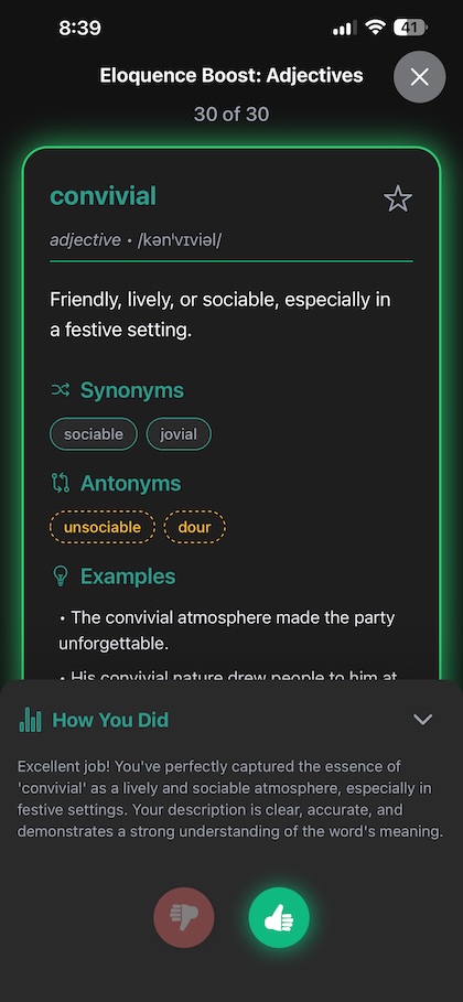 Word Genie App Screen 2 (Dark Mode)